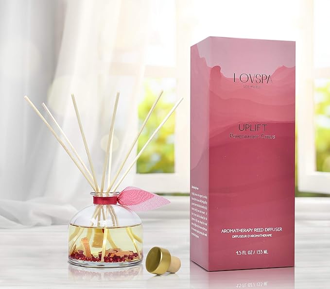 LOVSPA Uplift Pomegranate & Citrus Essential Oil Aromatherapy Reed Diffuser Set - Scented Reed Sticks - Juicy Orange, Bergamot, Black Currant & Sandalwood w/Real Orange Slices