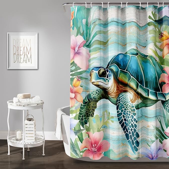 AILONEN Cute Sea Turtle Shower Curtain,Cartoon Beautiful Turtle with Flowers Shower Curtain Set for Bathroom,Ocean Animal Waterproof Fabric Shower Curtain with Hooks,36" W*72" H