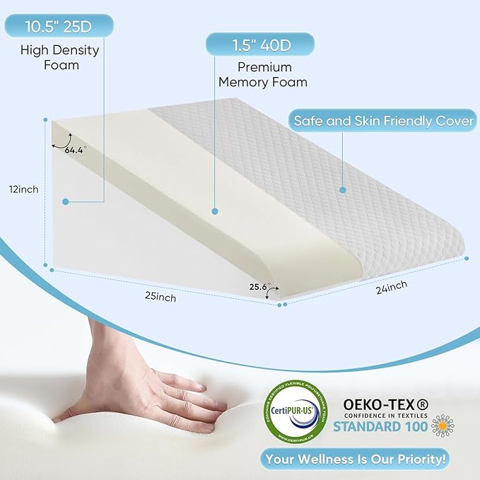 Forias Wedge Pillow for Sleeping 12" Bed Wedge Pillow for After Surgery Triangle Pillow Wedge for Acid Reflux Gerd Snoring Post Surgery Leg Back Pain Relief - Soft Memory Foam Top & Washable Cover