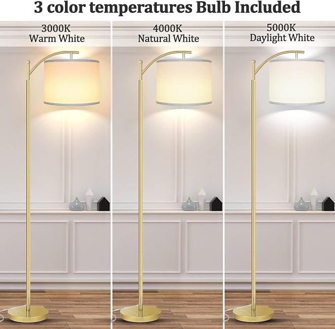 ROTTOGOON Floor Lamp for Living Room, LED Standing Lamp with White Lamp Shades Tall Industrial Floor Lamp Reading for Bedroom, Office, Study Room, 9W LED Bulb Included -Gold