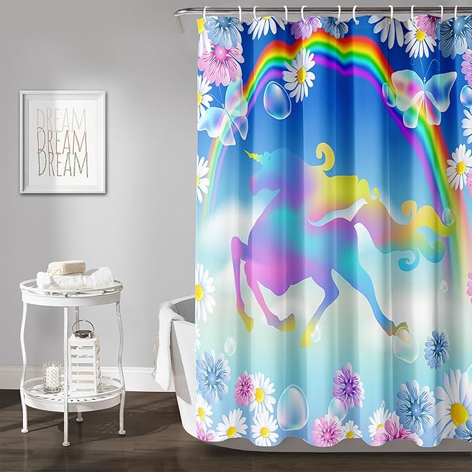 AILONEN Unicorn Shower Curtain, Kawaii Rainbow Unicorn Theme Bathroom Decor,Colorful Flower Butterfly Waterproof Fabric Shower Curtain Set for Girls Teens Kids,60" W*72" H