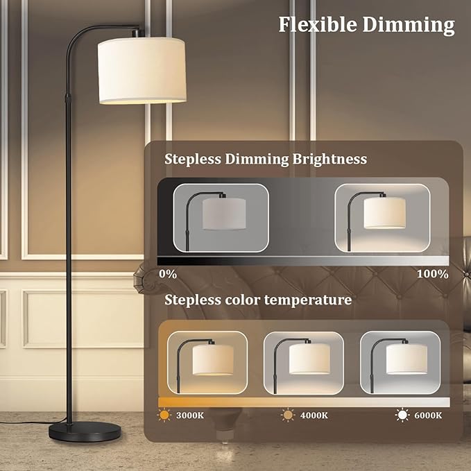 Black Floor Lamp with Remote Control, Adjustable Height Arc Floor Lamps for Living Room, Black Standing Lamp Dimmable Floor Lamp for Bedroom, Office, 1000 Lumens LED Smart Bulb Included,