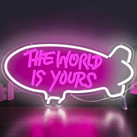 The World Is Yours Neon Signs for Wall Decor Dimmable Airship Led Neon Signs Light Up Signs for Bedroom Wedding Neon Lights Signs for Valentines Day Bar Club Decor Birthday Party Gift