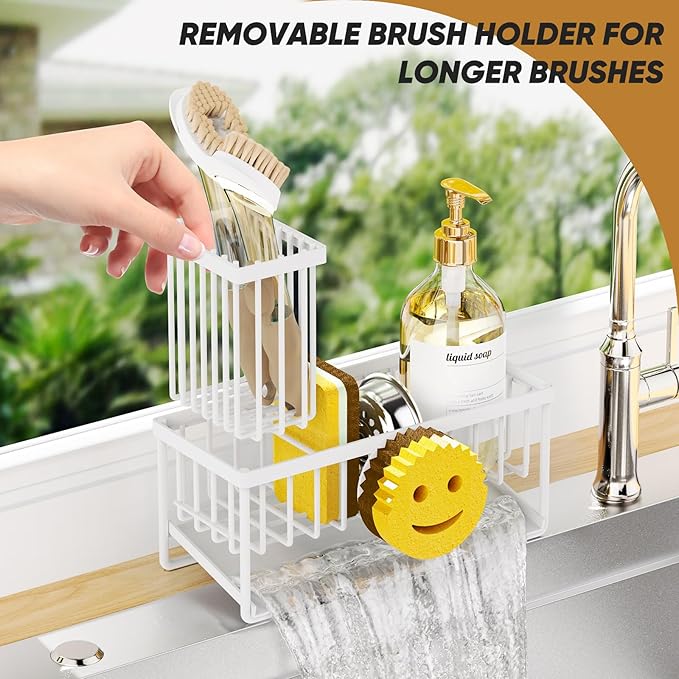 Sponge Holder for Kitchen Sink,Smiley Face Sink Caddy with Removable Brush Holder,Self-Draining Sponge Caddy for Soap,Dish Brush,Scrubber,Kitchen Essentials and Gadgets-White