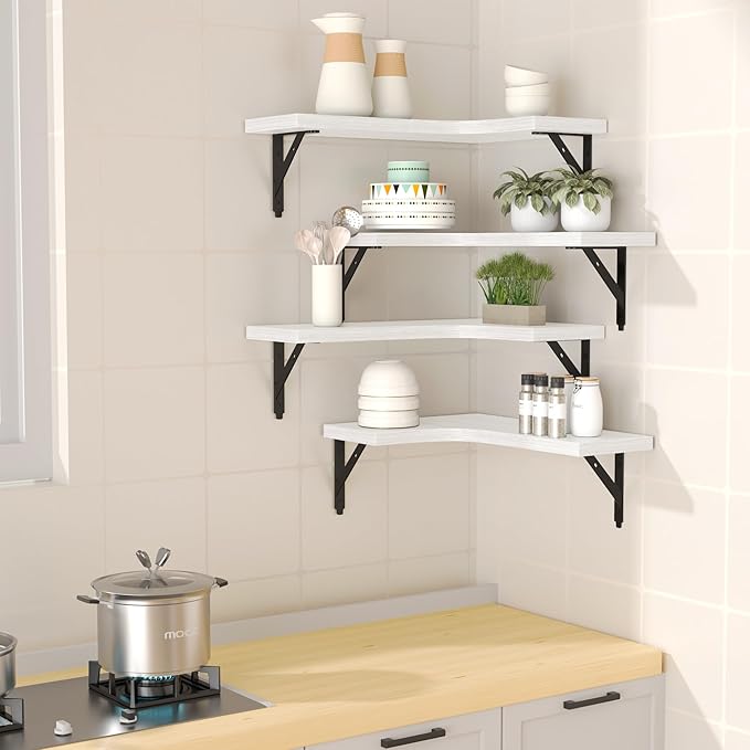 Corner Floating Shelves Wall Mounted Set of 4, Rustic Wood Storage Display Wall Shelves for Home Decor, Bathroom, Kitchen, Bedroom, Living Room, Office (White)