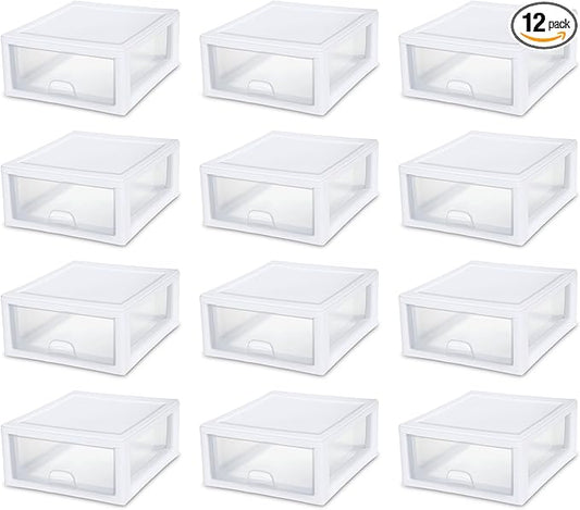 Sterilite 12-Pack 16 Quart Stacking Drawer, Clear Storage Closet Organizer, White Frame - Stackable Modular Plastic Drawers for Clothes, Accessories, Craft Supplies, Shoes or Linens