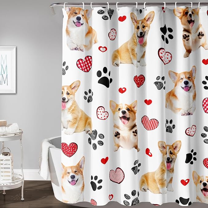 AILONEN Puppy Dog Shower Curtain for Bathroom,Cute Corgi Waterproof Bath Curtain,Pet Dog Kids Girls Dog Lover Curtain with 12 Plastic Hooks(72" W*96" H)