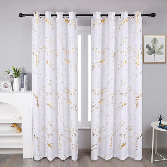 Taisier Home Gold Foil Print Linen Textured Curtains - Geometric Marble Pattern Design for Living Room - Light Filtering Window Treatment, 2 Panels, 95" L, White and Gold
