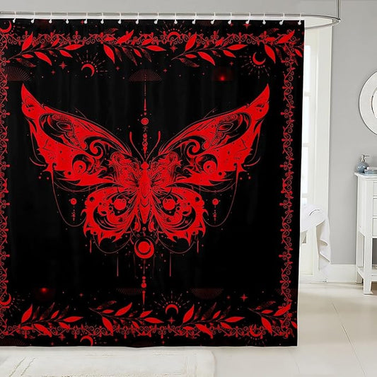 Feelyou Boho Red Butterfly Fabric Shower Curtain Bohemian Moth Shower Curtain for Kids Boys Girls Moon Galaxy Bathroom Waterproof Accessories with 12 Hooks Black and Red Curtains,72X84 Inches