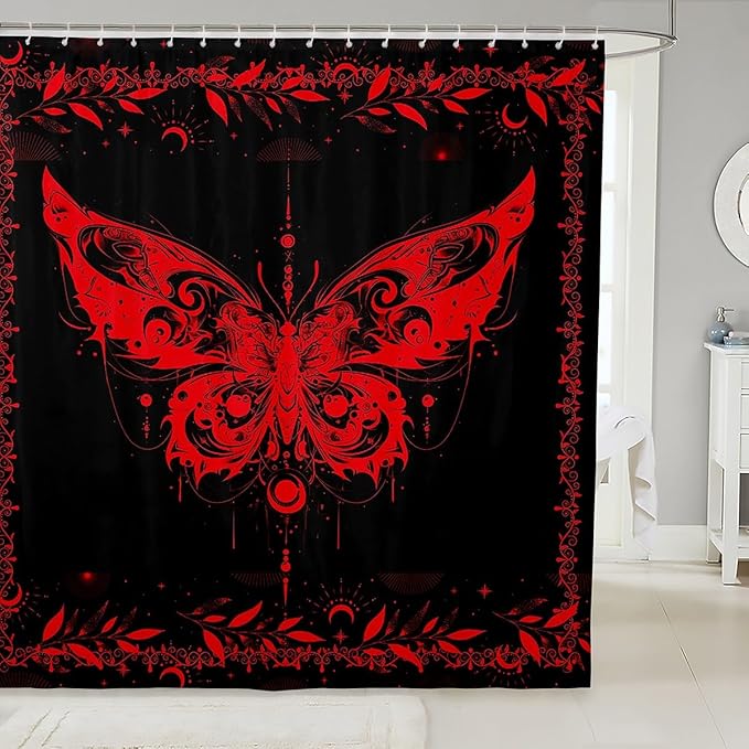 Feelyou Boho Red Butterfly Fabric Shower Curtain Bohemian Moth Shower Curtain for Kids Boys Girls Moon Galaxy Bathroom Waterproof Accessories with 12 Hooks Black and Red Curtains,72X72 Inches