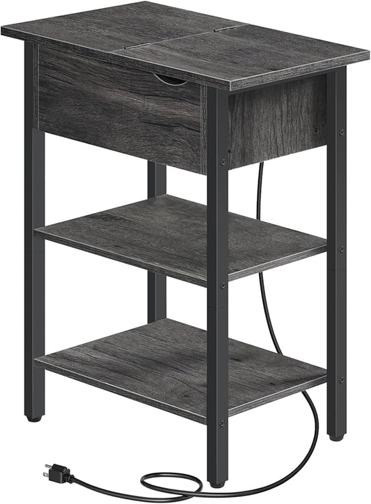 HOOBRO End Table with Charging Station, Narrow Side Table, Flip Top Nightstand with USB Ports and Outlets, Bedside Tables with Shelf for Small Spaces, Living Room, Charcoal Black BC341BZ01
