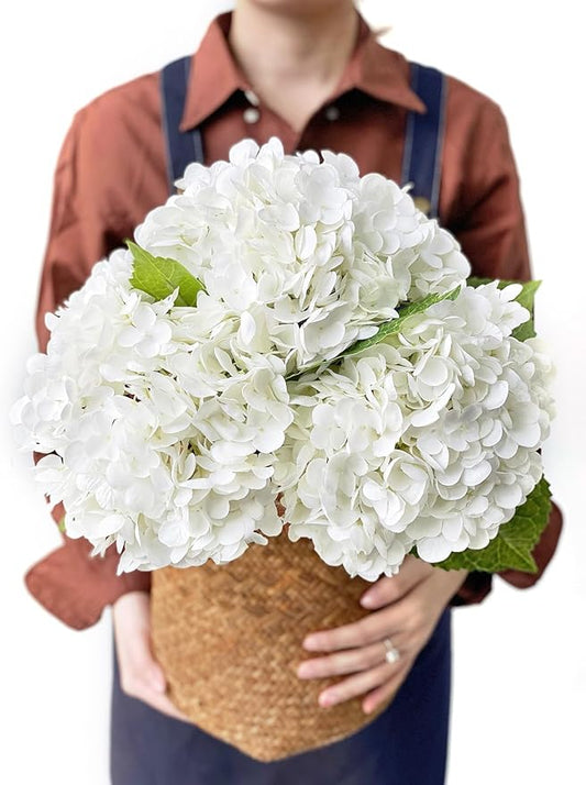 White Hydrangea Artificial Flowers, 3Pcs Large 21” Royal Real Touch Latex Silk Flowers Faux Hydrangea, Lifelike Fake Flower for Spring Wedding Bouquet Table Centerpieces Indoor Home