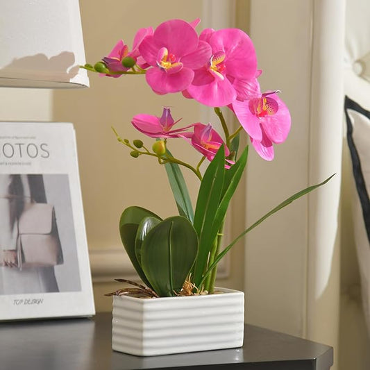 Artificial Real Touch Orchid Flowers in Pot Fake Phalaenopsis Flower with White Ceramic Vase Faux Orchids Arrangement for Home Table Office Wedding Party Decoration (Purple Red)