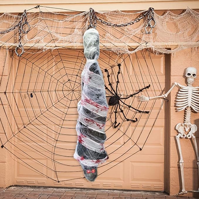 Zcaukya Halloween Decorations, 72 Inch Hanging Spooky Scary Creepy Mummy Decoration with LED Glowing Eyes and Voice Activated for Halloween Party, Haunted House, Yard, Ceiling, Indoor Outdoor Decor