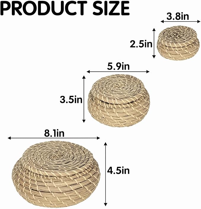 Set of 9 Round Woven Seagrass Baskets, Small Wicker Basket with Lid, Little Handmade Rattan Storage Basket Box for office, bedroom, living room