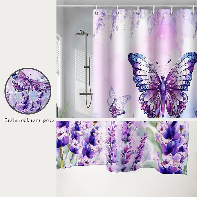 AILONEN Girls Butterfly Shower Curtain for Bathroom,Purple Blooming Lavender Flower Floral Butterfly Printed Bath Curtain 48" W*72" H Polyester Fabric Waterproof Bathroom Curtain with 12 Hooks