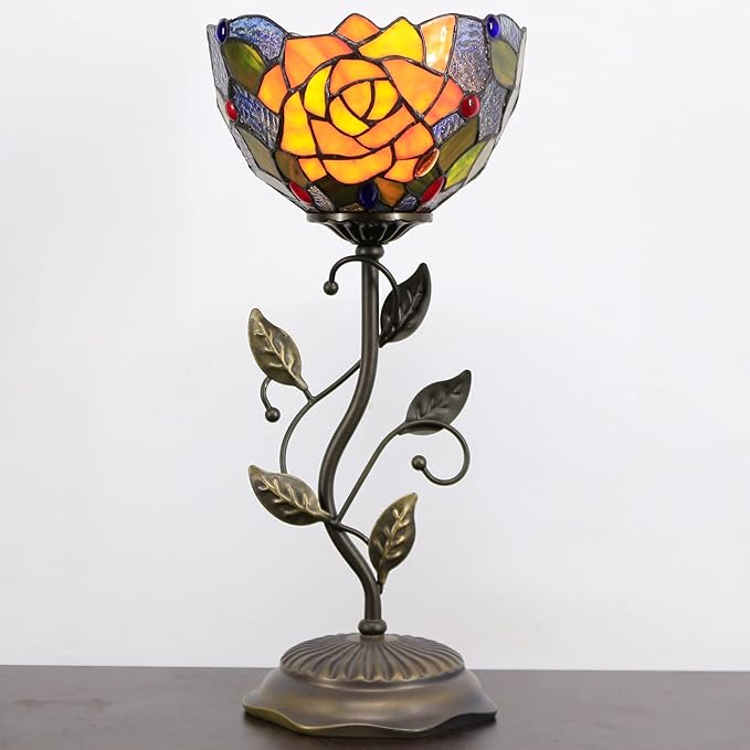 Small Tiffany Lamp Stained Glass Table Lamp Uplight Accent Lamp with Metal Leaf Base Yellow Purple Rose Style Desk Light 8X19 Inch for Home Office Living Room Bedroom