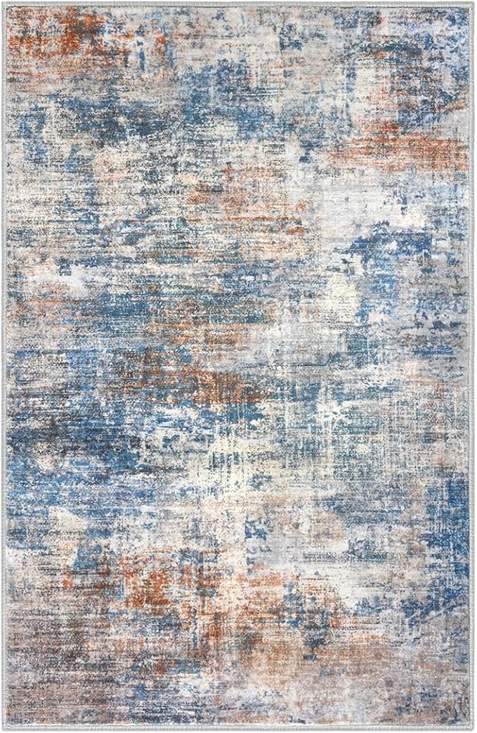 IOHOUZE Abstract Area Rugs 6x9 Ft Washable Rugs for Living Room, Non Slip Dining Room Rug, Printed Faux Wool Rugs for Bedroom, Floor Carpet for Office Nursery Playroom, Blue Rust