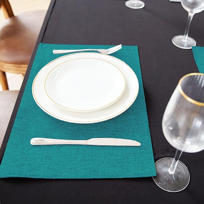 Linen Placemats Set of 8, Machine Washable, Heat Resistant, Wrinkle Free, Thick Polyester Kitchen Place Mats for Dining Table (Teal Blue)
