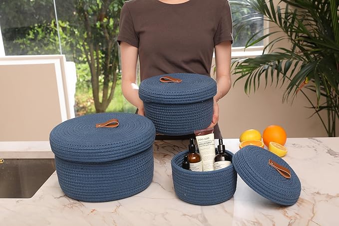 Cottonphant Set of 3 Stylish Round Woven Baskets with Lids - Elegant Storage Solution for Home Decor and Organization - Compact Shelf Baskets (Dark Blue, 10"x6"-8"x5"-6"x4")