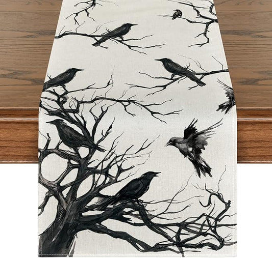 Artoid Mode Silhouette Tree Crows Halloween Table Runner, Branches Fall Kitchen Dining Table Decoration for Outdoor Home Party 13x48 Inch
