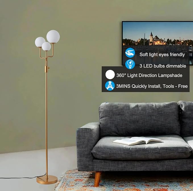 Fiqevs Dimmable 3 Globe Sputnik Floor Lamp, Mid Century Modern Tree Floor Lamp with 3 x 800LM LED Bulbs and Glass Shade, Elegant Antique Brass Gold Standing Lamp for Living Room, Bedroom, Office