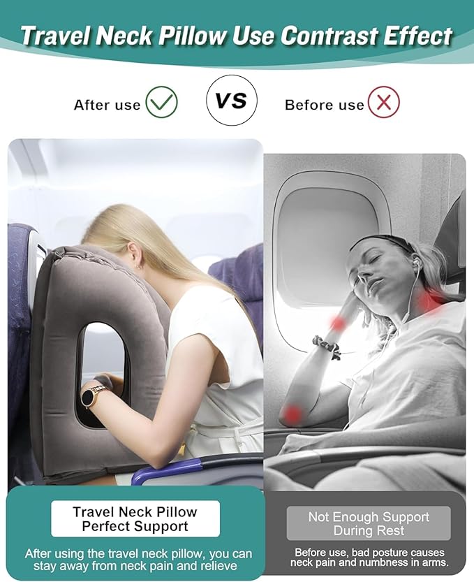 JefDiee Inflatable Travel Pillow for Airplanes, Airplane Neck Pillow Comfortably Supports Head and Chin for Airplanes, Trains, Cars and Office Napping (Grey)
