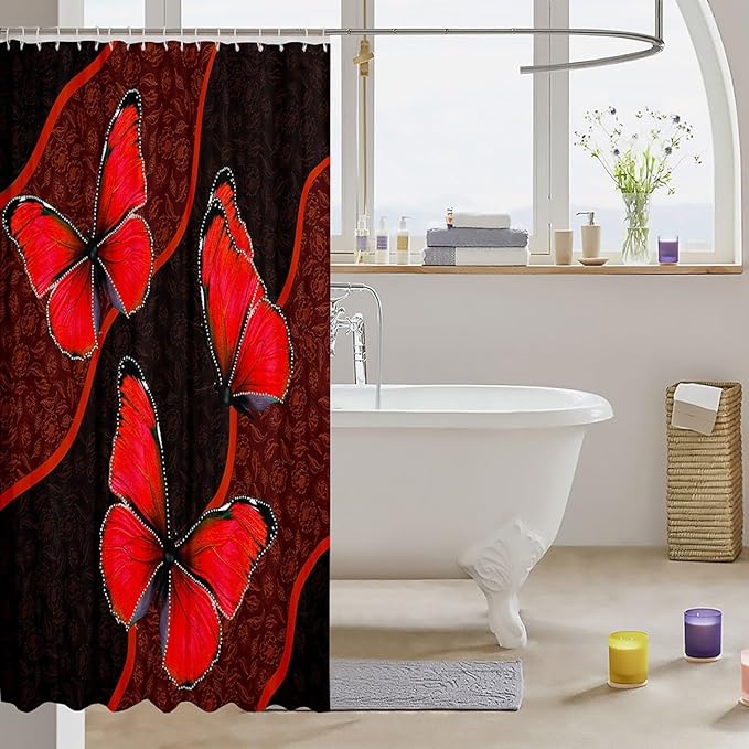 Feelyou Butterfly Shower Curtain 72"x72" Kids Butterflies Botanical Floral Print Bathroom Shower Curtain Set for Boys Girls Teens Geometric Stripes Bath Curtain Red Bathroom Accessories