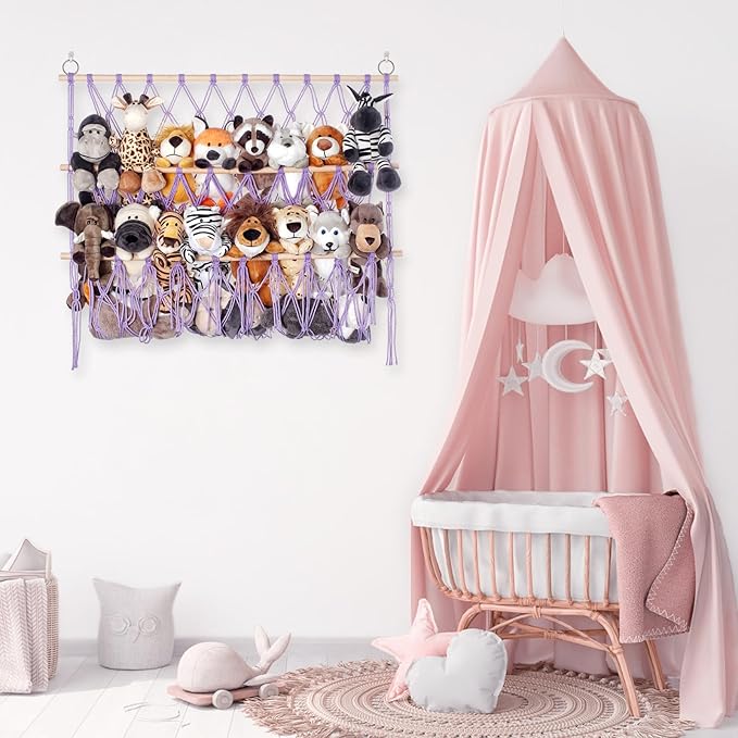 Stuffed Animal Net or Hammock Large Corner Storage for Plushies Stuffed Animals Zoo Wall Hanging Organizer Holder for Toy Hammock, Space-Saving Kids Nursery Decor (Purple)