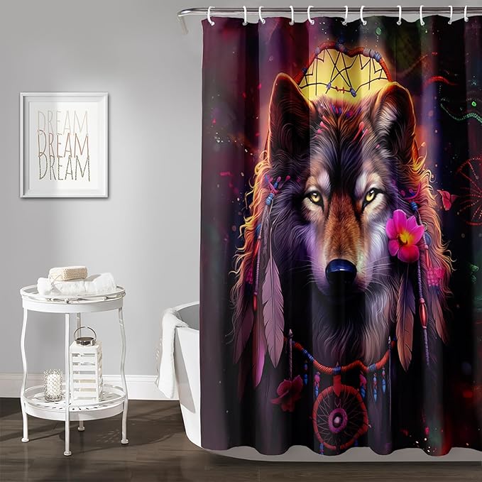 AILONEN 3D Wolf Dream Catcher Shower Curtain for Bathroom,Safari Wolf Printed Bath Curtain for Boys Men,Wildlife Decoration Shower Curtain Waterproof 72" W*78" H