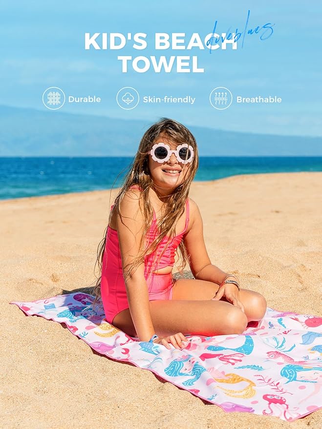 Kids Beach Towel 60''x30'', Quick Dry, Sand Free, Compact, Lightweight, Absorbent, Girls & Boys Large Microfiber Towels for Pool, Swim, Cruise Essentials, Mermaid