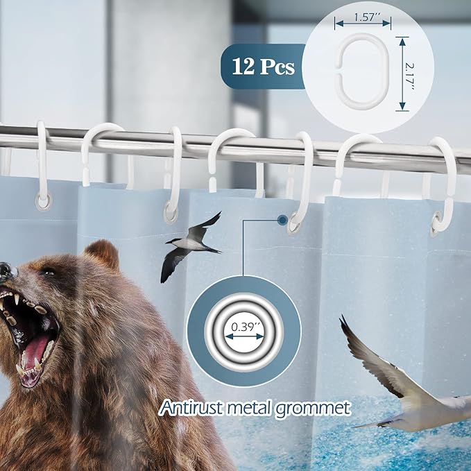 Funny Shark Bear Shower Curtain - Fun Bear Riding Shark in Ocean Wave Cool Shower Curtains Set with 12 Hooks for Adults Wild Bathroom Decor Accessories, 72"x72", Blue Brown