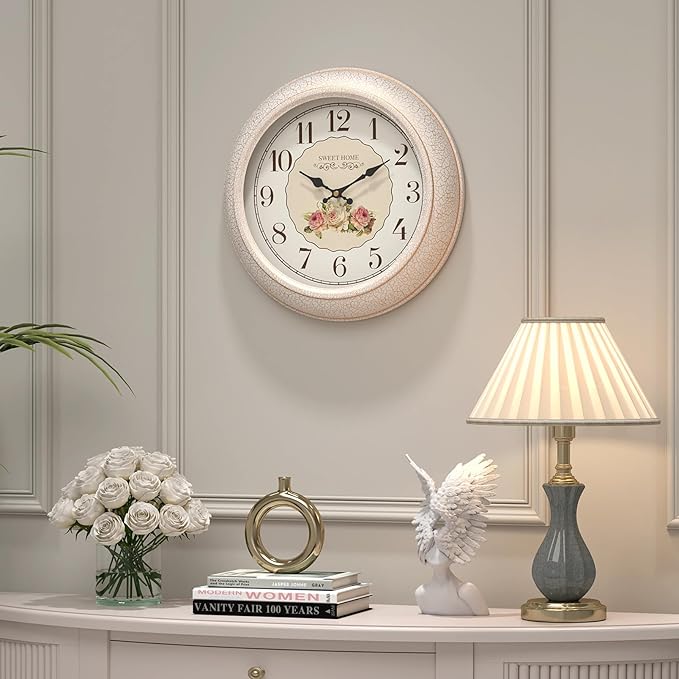 Abdurey French Flower Decorative Wall Clock, Silent Battery Operated Sweet Rose Style Floral Decor Wall Clocks, for Farmhouse, Kitchen, Bedroom, Bathroom, 11.5"