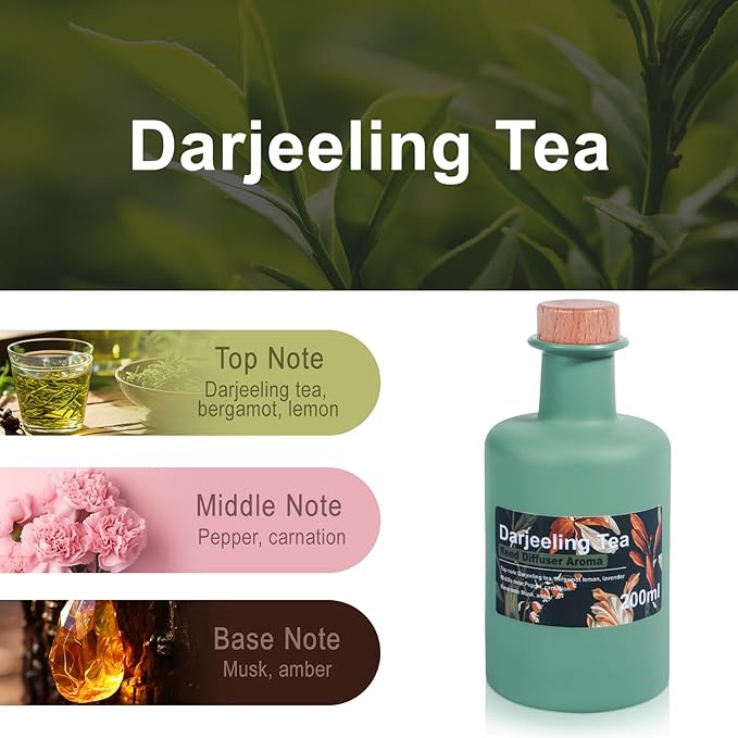 Reed Diffuser Set, 6.8fl oz/200ml Darjeeling Tea & Bergamot Aroma Scented Oil Diffuser with 8Pcs Sticks, Large Capacity Home Fragrance for Large Room Shelf Bathroom Decor