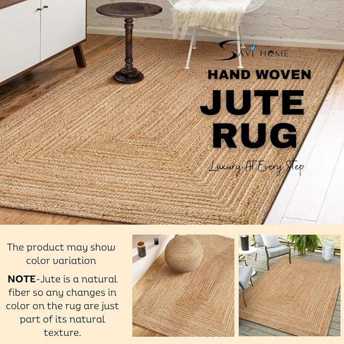 Hand Woven Farmhouse Jute Area Rug 5x8 Ft Round Natural Yarn, Rustic Vintage Beige Braided Reversible Rug, Eco Friendly Rugs for Bedroom, Kitchen, Living Room, Farmhouse 100% Jute Rug - Natural