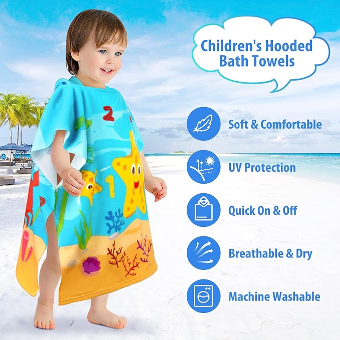 HUANLANG Kids Hooded Beach Towel for Boys Girls,Bath Pool Beach Poncho Towels Super Soft & Absorbent Cotton Towel Childrens Starfish Beach Towels for Toddler 0-7 Years Old