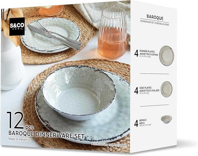 Melamine Dinnerware Sets, Service for 4. Unbreakable Dishes. Scratch Resistant Melamine Ware. Plates and Bowls. Dishwasher Safe Platos De Melamina Baroque Design. Beautifully Packaged Gift Box
