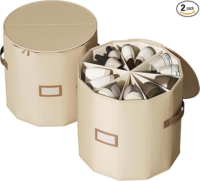 Vailando Shoe Organizer for Closet - Cylindrical Shoe Storage Organizer with Adjustable Dividers for Closet, Foldable, Beige, 2-Pack