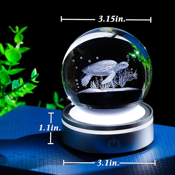 Movdyka Sea Turtle Gifts for Women Men 3D Sea Turtle Decor Statue Crystal Ball Night Light, Laser Engraved Sea Turtle Ornament Figurine Glass Snow Globe Room Decorations Crafts