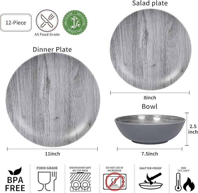 Melamine Dinnerware Set - 12pcs dinnerware set Indoor and Outdoor use, Bamboo Pattern Dishes Dinnerware Set for 4,Dishwasher Safe (Grey wood)