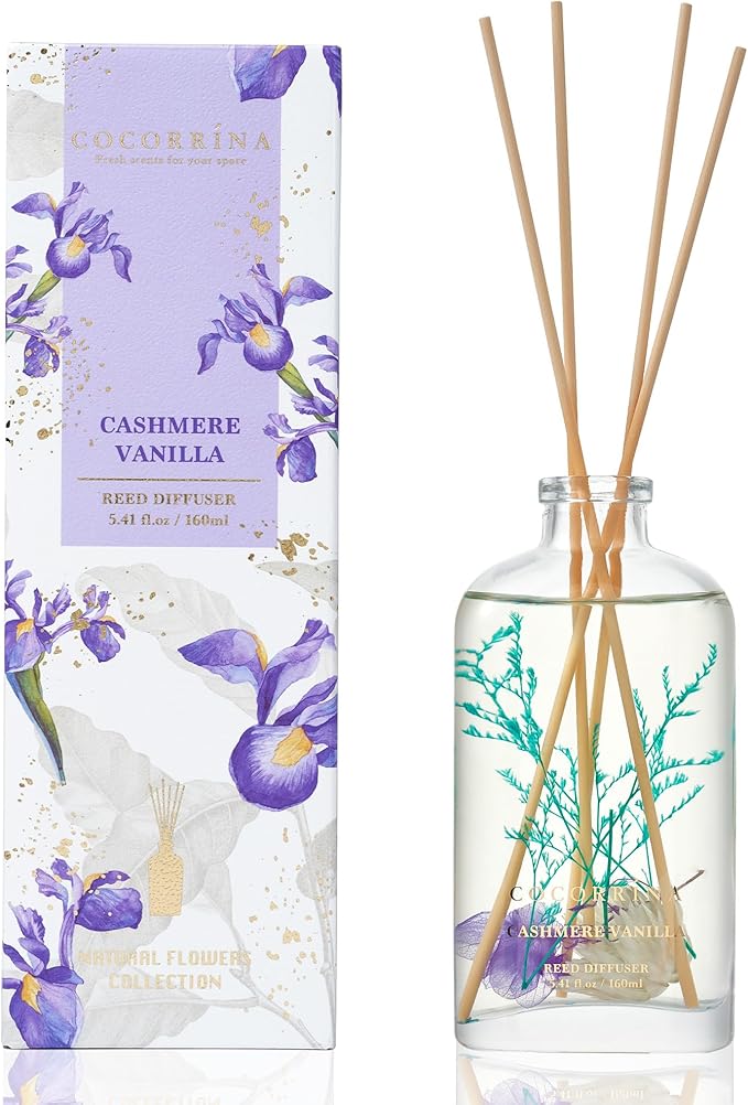 COCORRÍNA Reed Diffuser - Cashmere Vanilla 5.41 oz Flower Reed Diffuser Set with Sticks, Bedroom Bathroom Shelf Decor (Scented Blooms Collection)