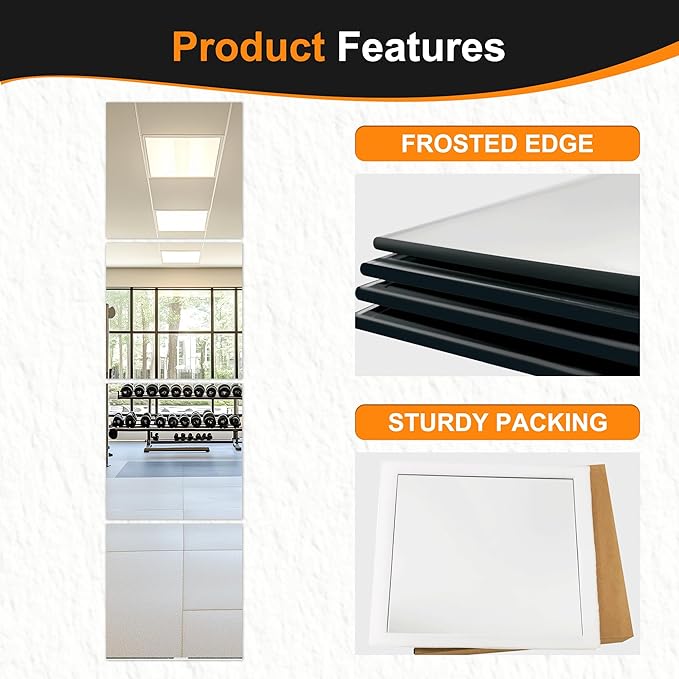 Delma Frameless Mirror Tiles 18"x18"x4 Pcs Wall Mounted, Shatter Resistant Full Length Tempered Glass Panels for Home Gym Bathroom Bedroom & Living Room Decor