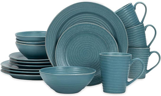 Elanze Designs Charming Chic Ribbed Modern Thrown Pottery Look Ceramic Stoneware Plate Platter Mug & Bowl Kitchen Dish Dinnerware 16 Piece Set - Service for 4, Turquoise