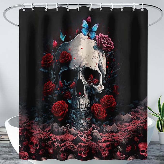 AILONEN 3D Skull Shower Curtain,Oil Ren Rose with Ruins Skull Skeleton Design Shower Curtain Set for Boys Girls Teens,Gothic Skull Waterproof Fabric Shower Curtain for Bathroom,36" W*72" H