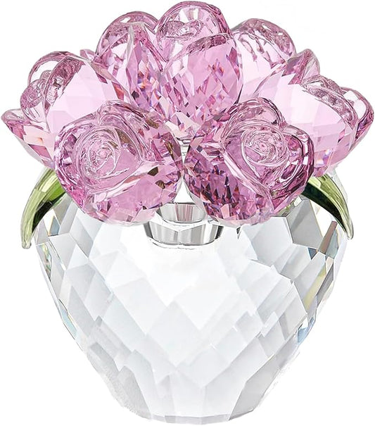 Crystal Flower Figurines- Glass Rose Home Decor - Flower Bouquet for Ladies Gifts(Pink)