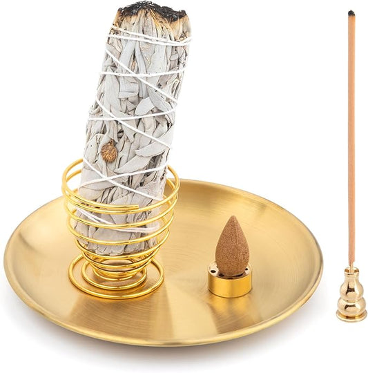 OIIKI 5 in 1 Incense Burner, 5.5 Inch Incense Holder, Brass Incense Holder for Incense Sticks Coil Incense Incense Cones, Alloy Cone Ash Catcher for Yoga Room