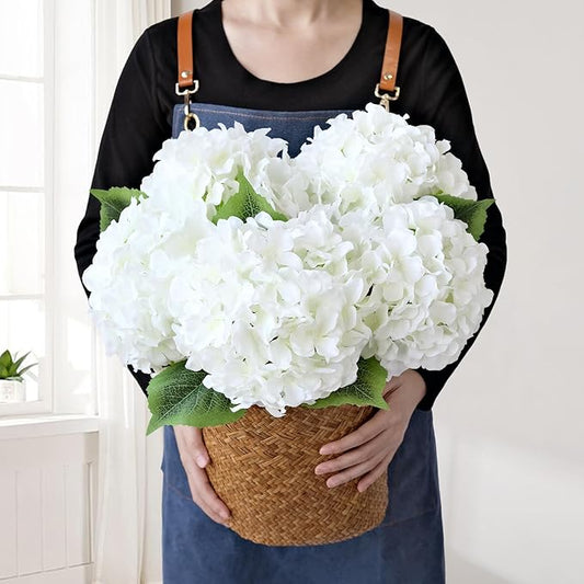White Silk Flowers Hydrangea Artificial Flowers, 5Pcs 20Inch Large Lifelike Faux Flowers, Full Fake Artificial Hydrangeas with Stems for Bouquet Table Centerpieces Home Decoration