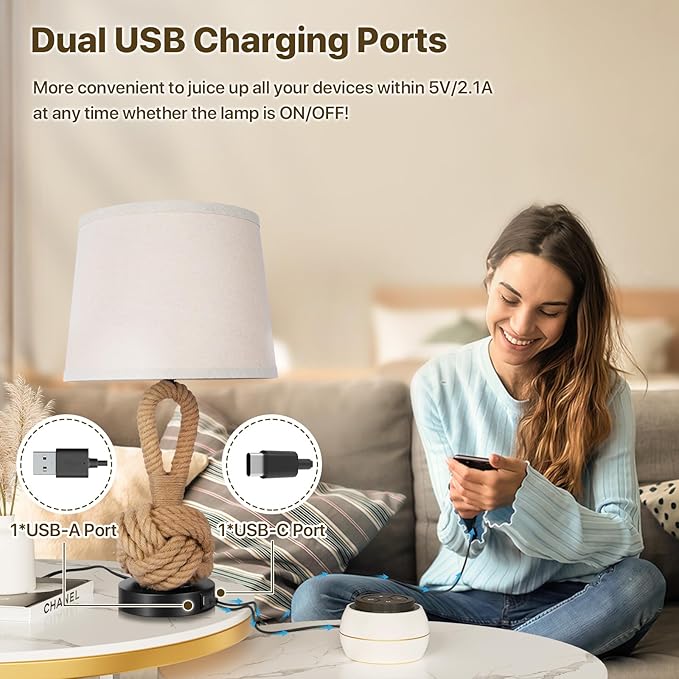 22" Rope Lamps for Night Stands, Bedside Lamps Set of 2, Boho Table Lamps for Living Room End Tables, 3-Color Temperatures Boho Lamp with Rotary Switch, Rattan Lamp with USB Ports, Bulbs Included