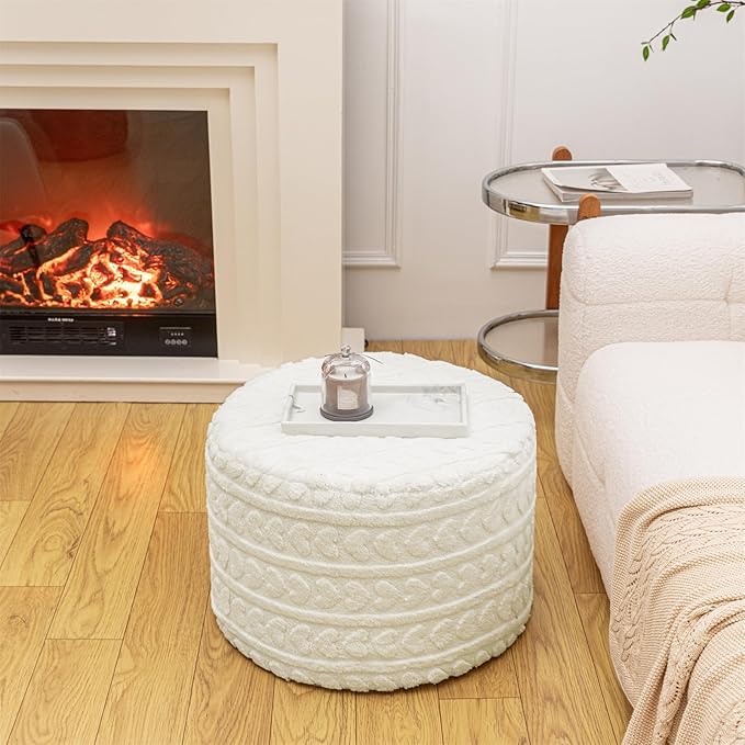 Round Pouf Ottoman 20x14 Inches Soft Heart Printed Footstool Ottomans for Living Room Comfort Floor Pouf Modern Foam Stuffed Poofs Perfect to Rest Your Feet for Couch Desk Ivory
