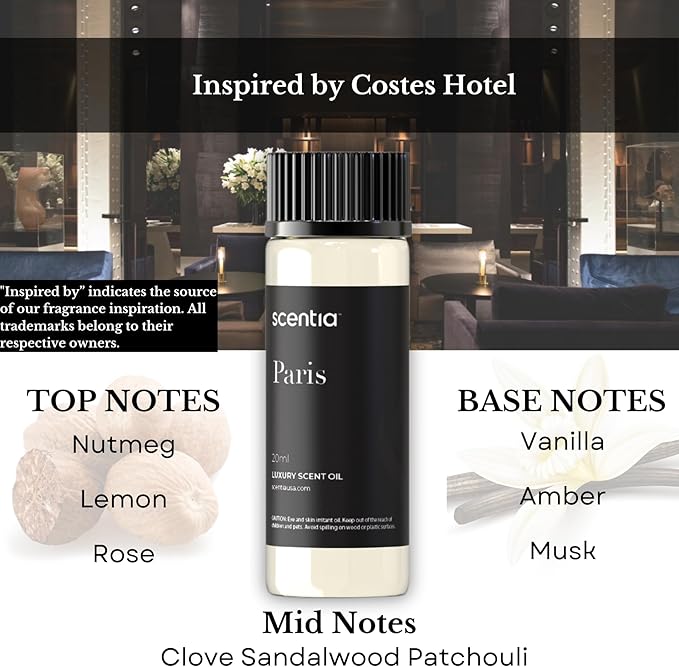 Hotel Diffuser Oil Inspired by The Hotel Costes Paris - 20 mL 0.67 fl oz - Fragrance Oil Blend Rose,Clove &Sandalwood for Aromatherapy Diffuser & Humidifiers.-Paris